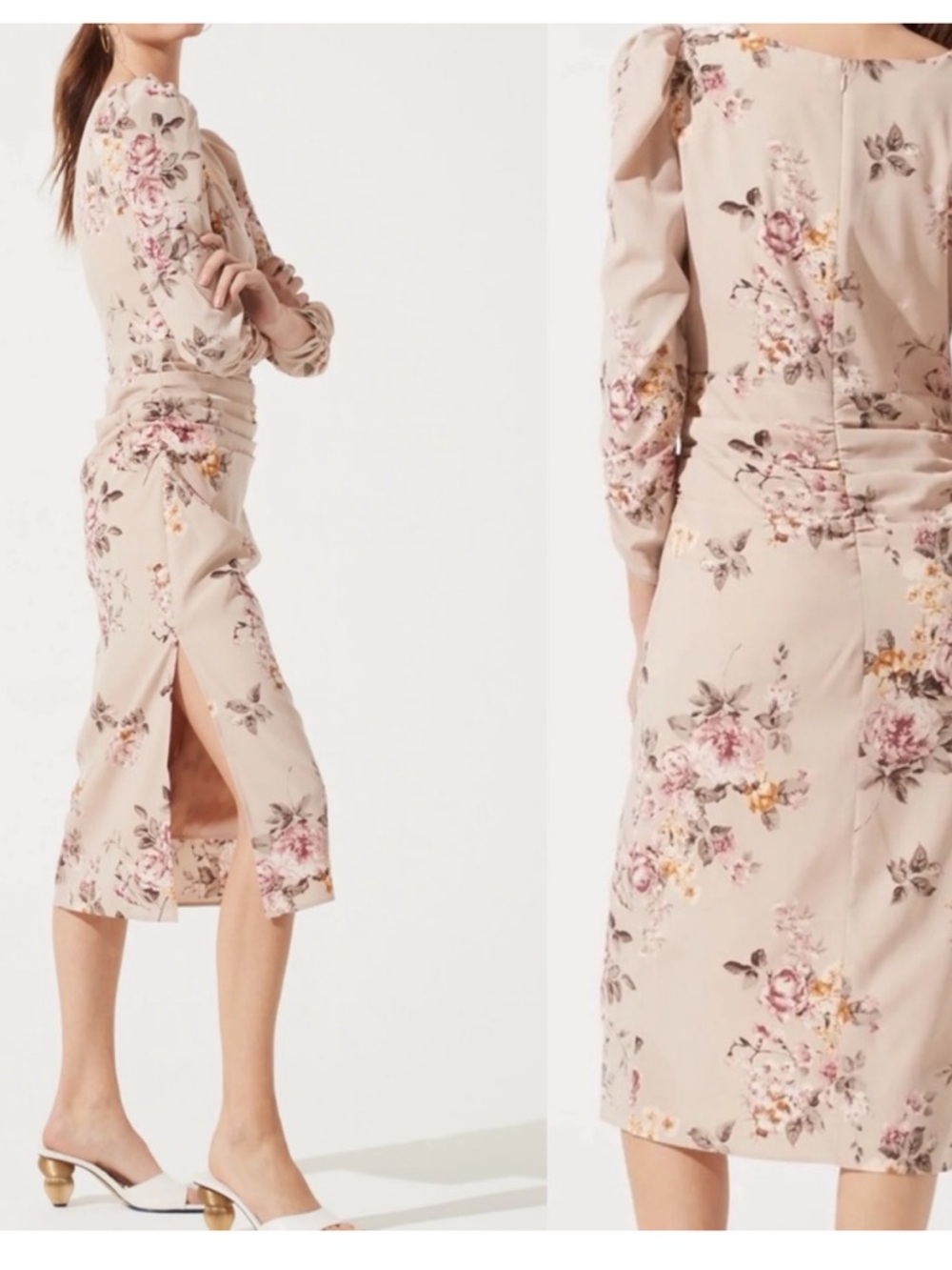 Astr Beige Floral Midi Dress with Pink & Yellow Blooms